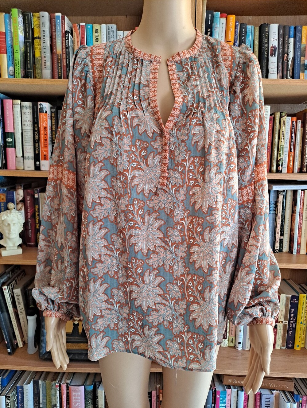 Women's Long-Sleeve Floral Peasant Blouse - Rust & Light Blue